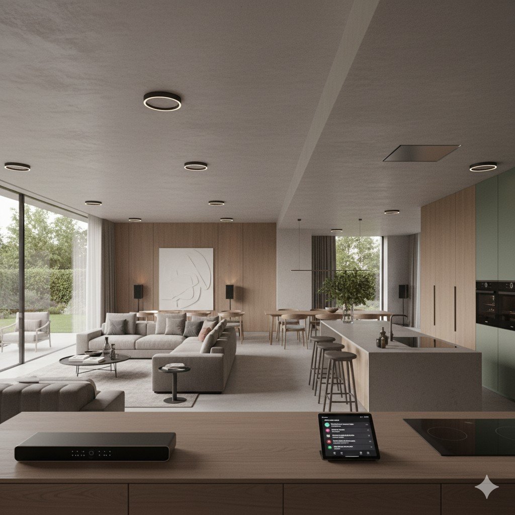 Vista ampla realista de casa minimalista com ambientes integrados e áudio inteligente multizona.