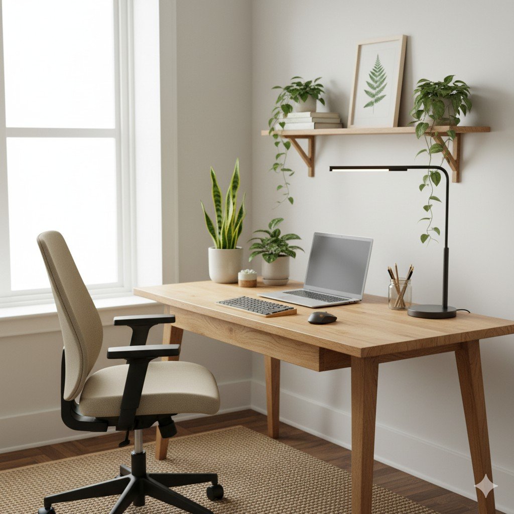 Foto realista de home office sustentável com notebook eficiente, iluminação LED e plantas naturais. rotina digital