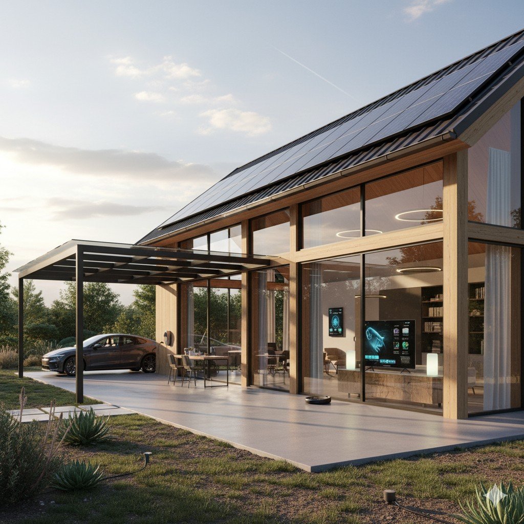 Vista ampla realista de casa moderna com dispositivos inteligentes conectados a energia solar. rotina digital