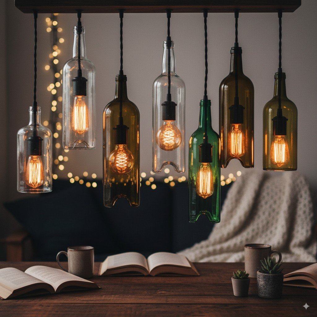 Close-up fotográfico de luminárias feitas de garrafas de vidro em ambiente aconchegante. casa sustentável