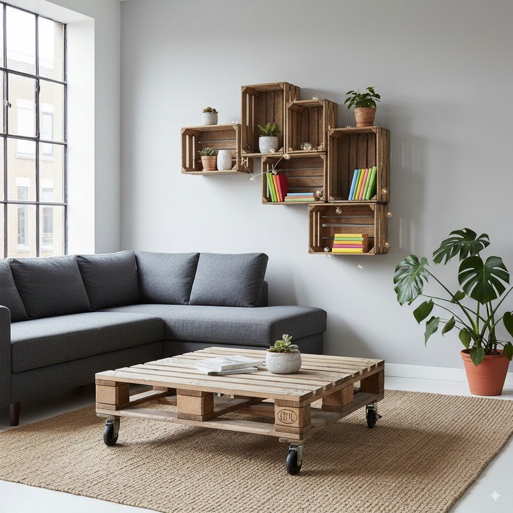 Foto realista de uma sala moderna decorada com móveis reaproveitados (pallet virando mesa de centro e caixotes como estantes). upcycling