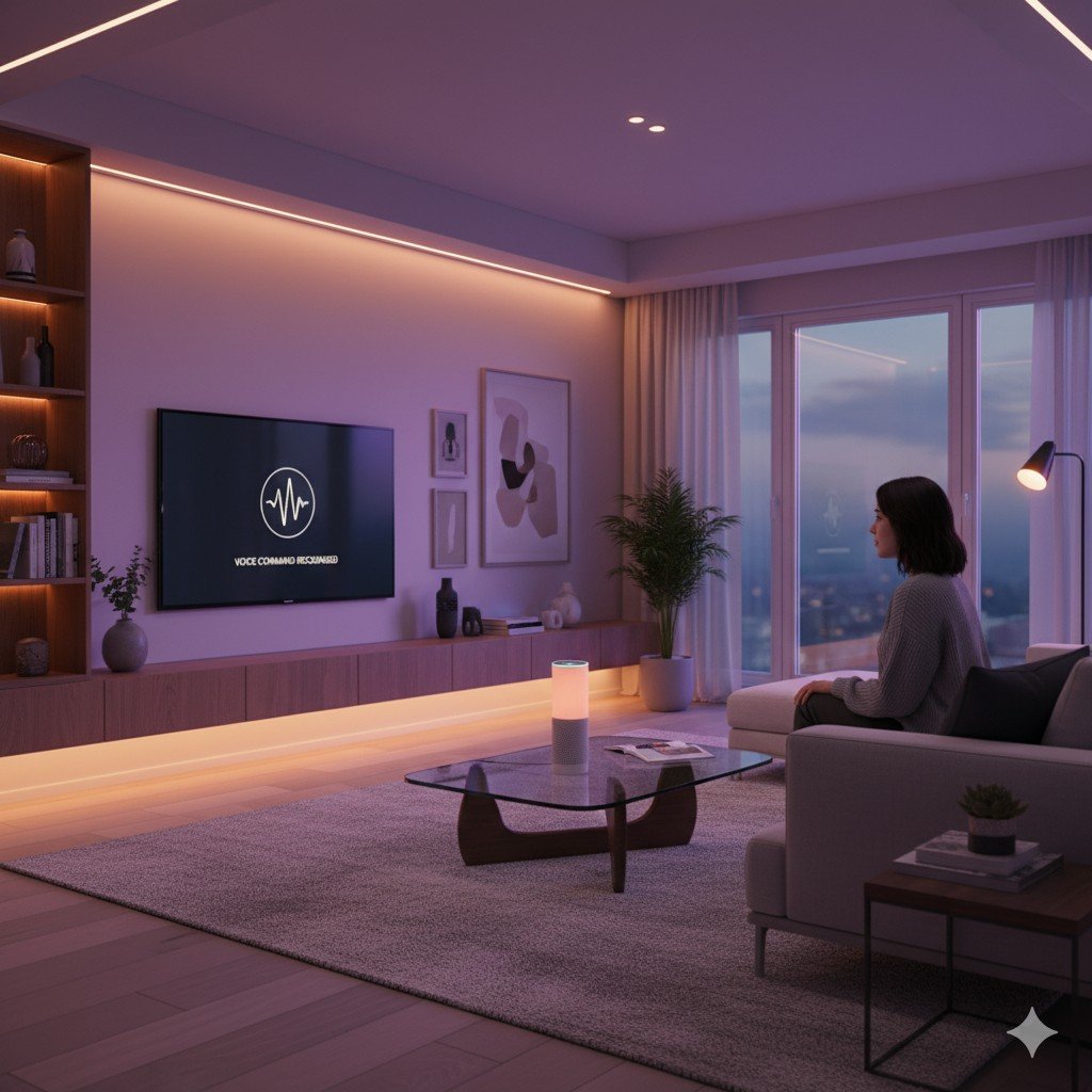 Foto realista de sala moderna com iluminação controlada por voz através de assistente virtual em mesa de centro. assistentes virtuais