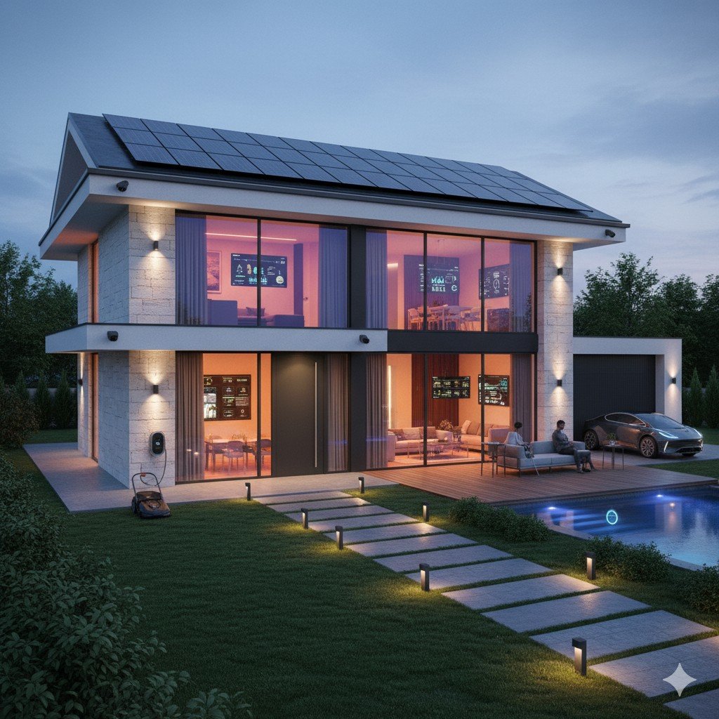 Vista ampla realista de casa moderna automatizada com painéis solares e dispositivos conectados.