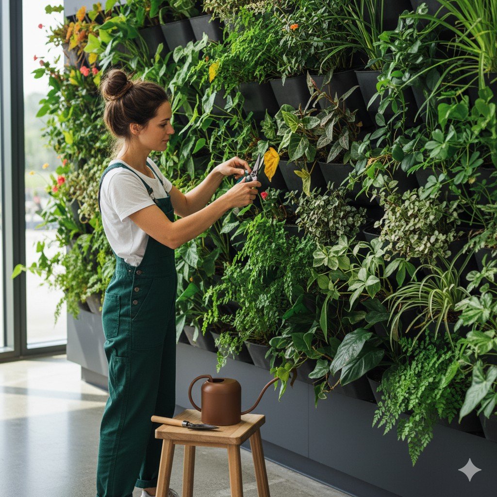 Mulher ajustando limpeza e poda em jardim vertical moderno.