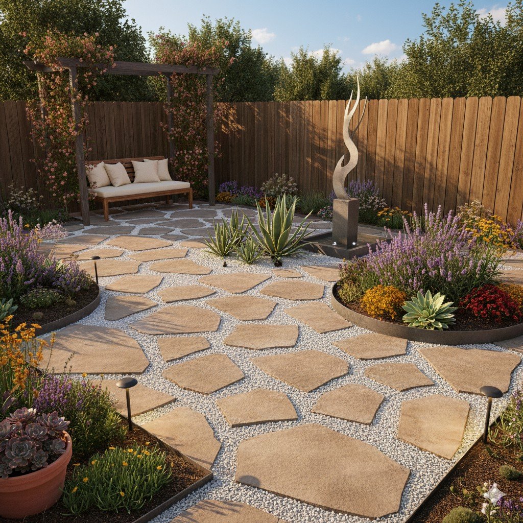 Foto realista de pequeno quintal com horta vertical em parede de pallets.