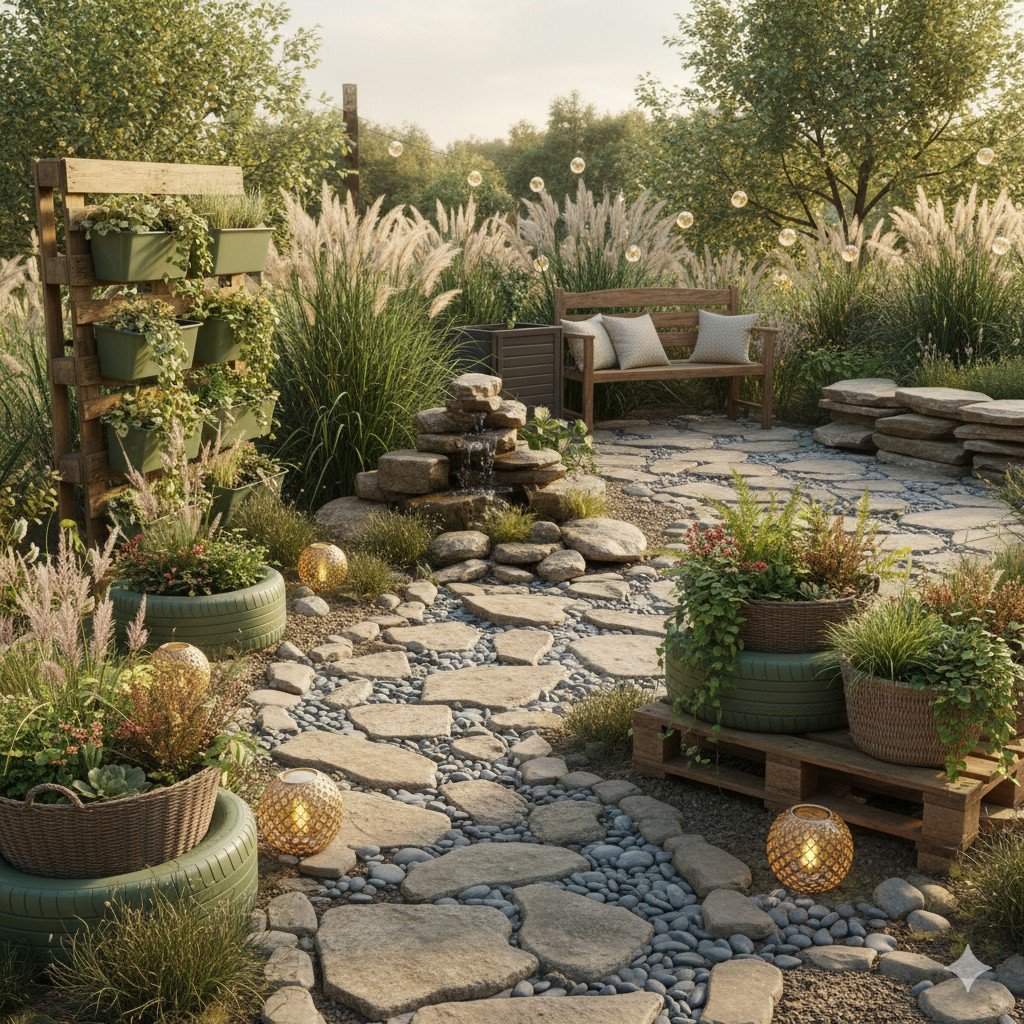 Foto realista de pequeno quintal decorado com jardim sustentável, pedras, vasos reciclados e iluminação solar. paisagismo sustentável