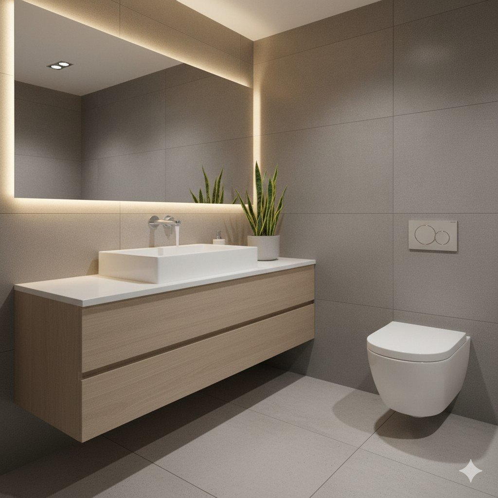 Foto realista de um banheiro moderno com torneira equipada com arejador e vaso sanitário com descarga dupla.