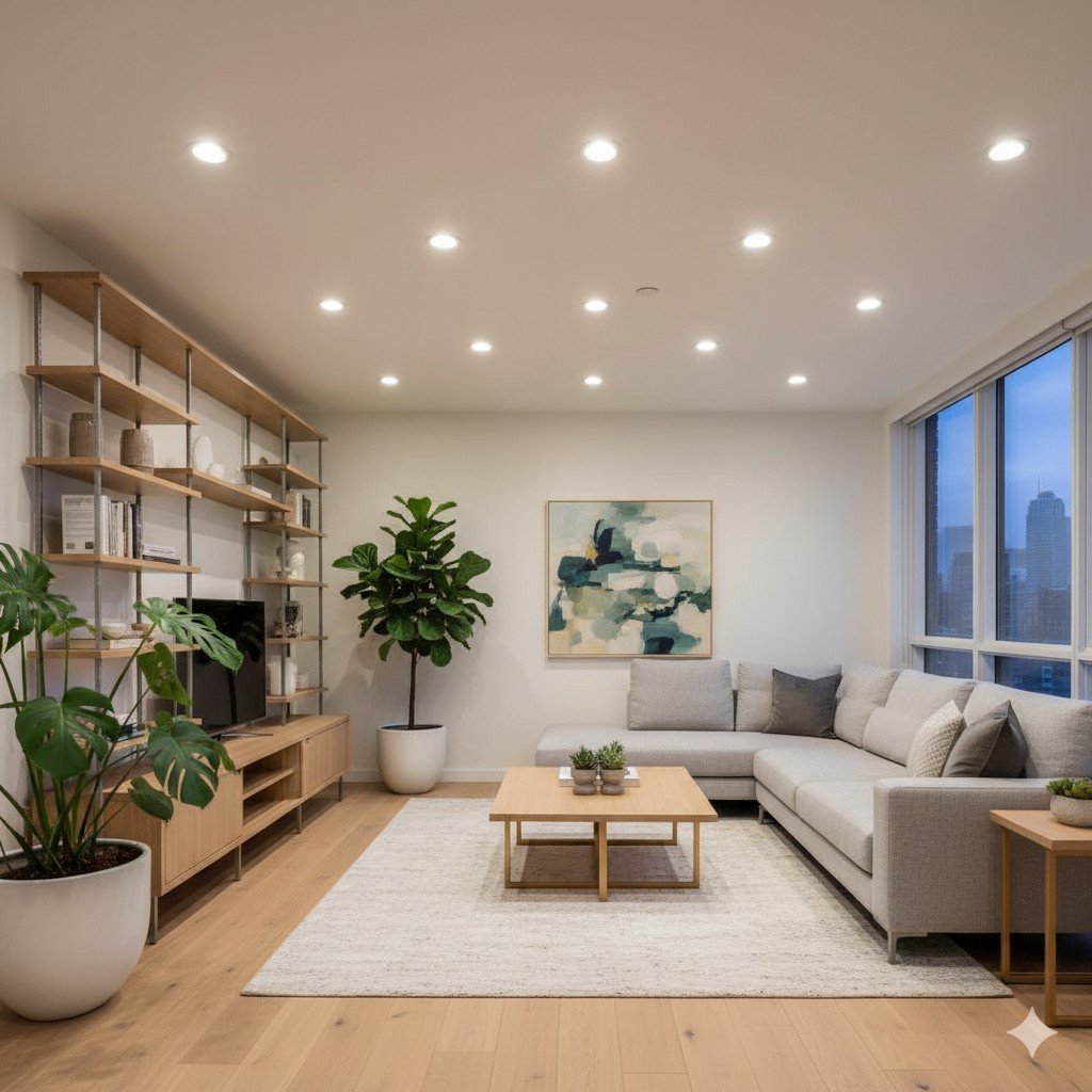 Foto realista de uma sala moderna iluminada com lâmpadas LED embutidas no teto, plantas verdes e móveis de madeira clara.