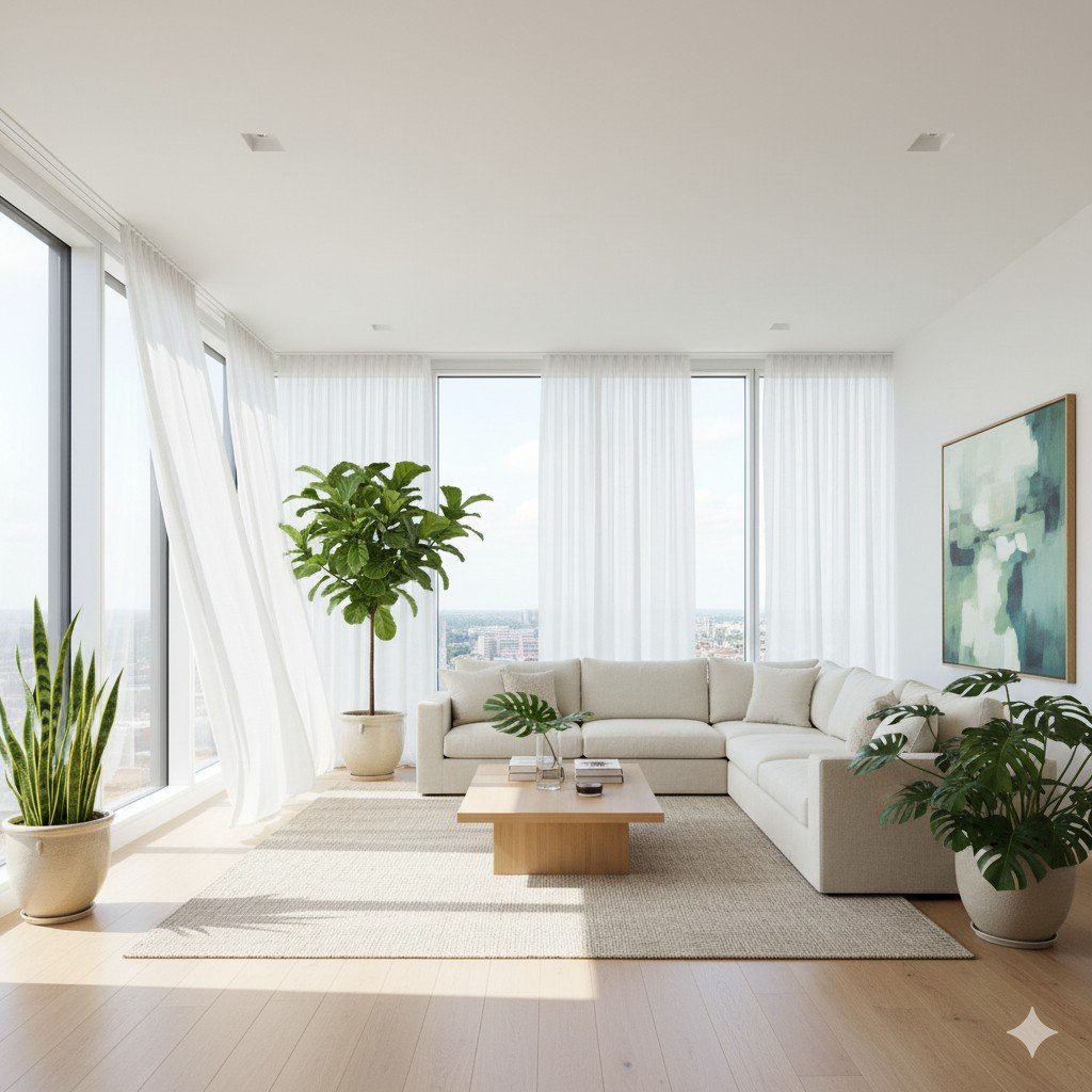 Foto realista de uma sala ampla com janelas grandes, cortinas leves, plantas internas e iluminação natural abundante.