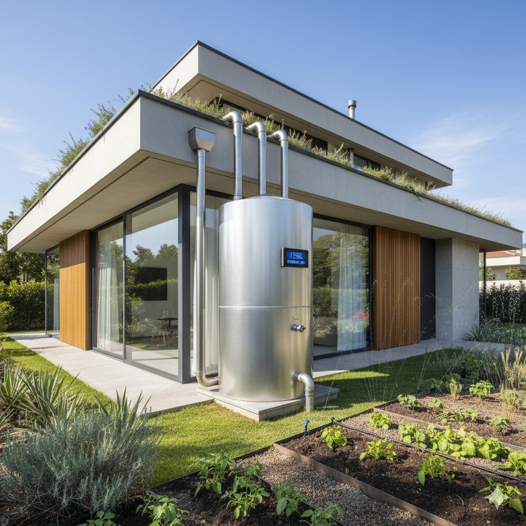 Reservatório de água de chuva em casa moderna, simbolizando práticas sustentáveis.