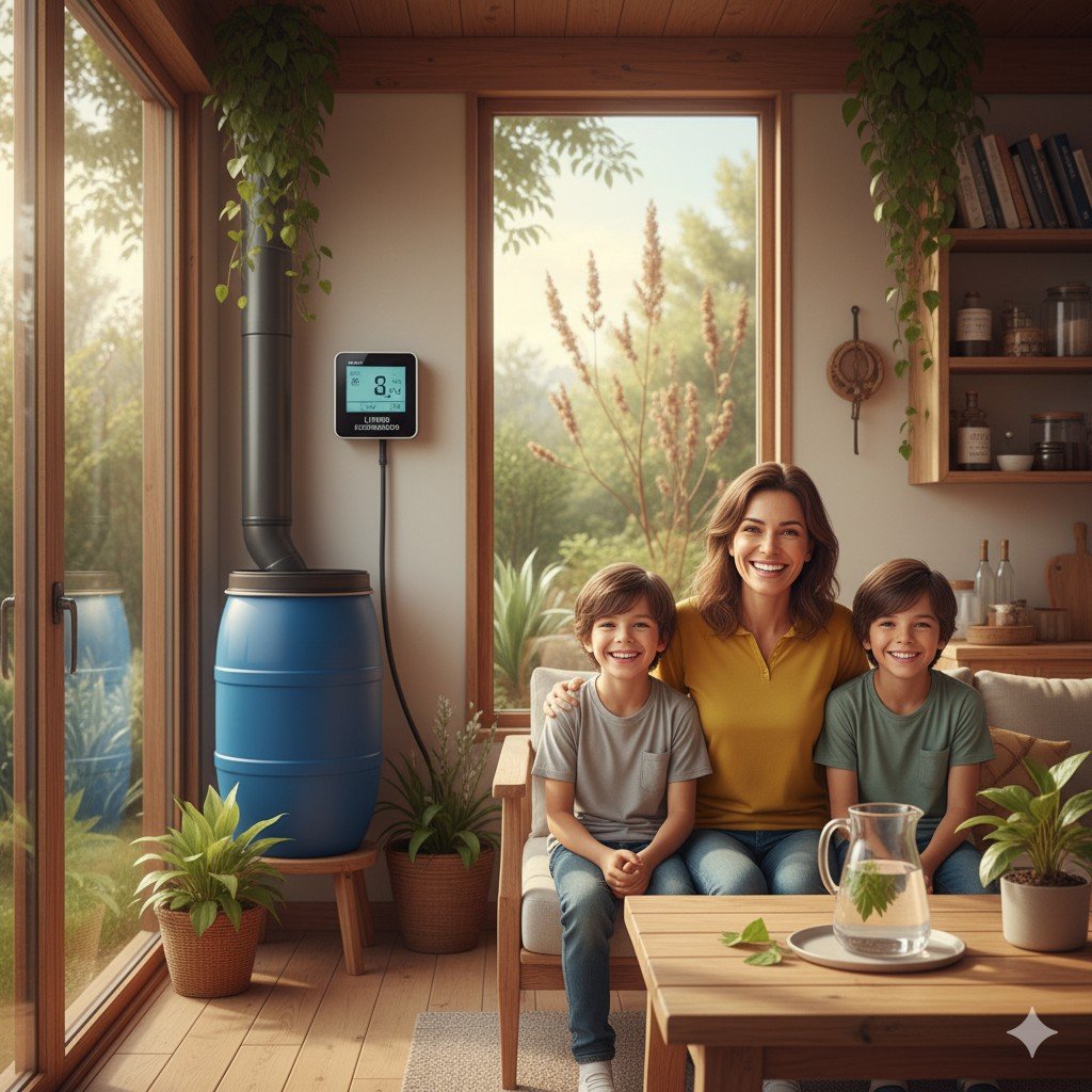 Família feliz em casa sustentável, simbolizando economia de água.