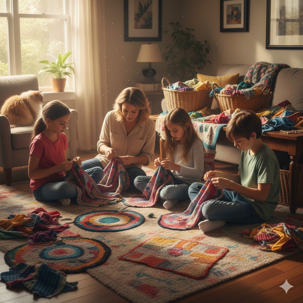 Família reunida confeccionando tapetes de retalhos em casa.