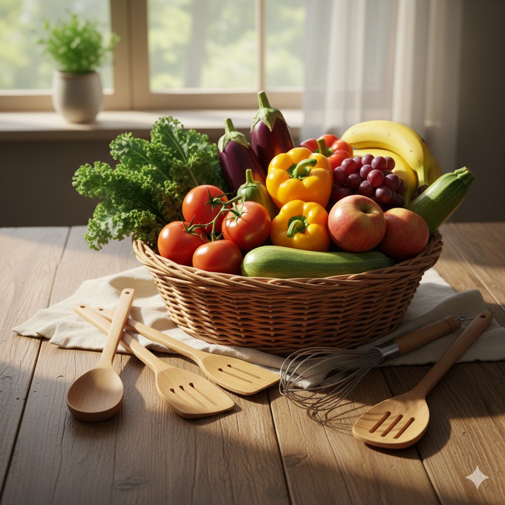 Mesa de madeira clara com cesta de legumes orgânicos coloridos, utensílios de bambu e luz solar natural entrando pela janela