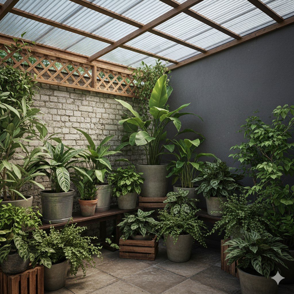 Canto sombreado com vasos e folhagens verdes sob cobertura translúcida. jardins de sombra