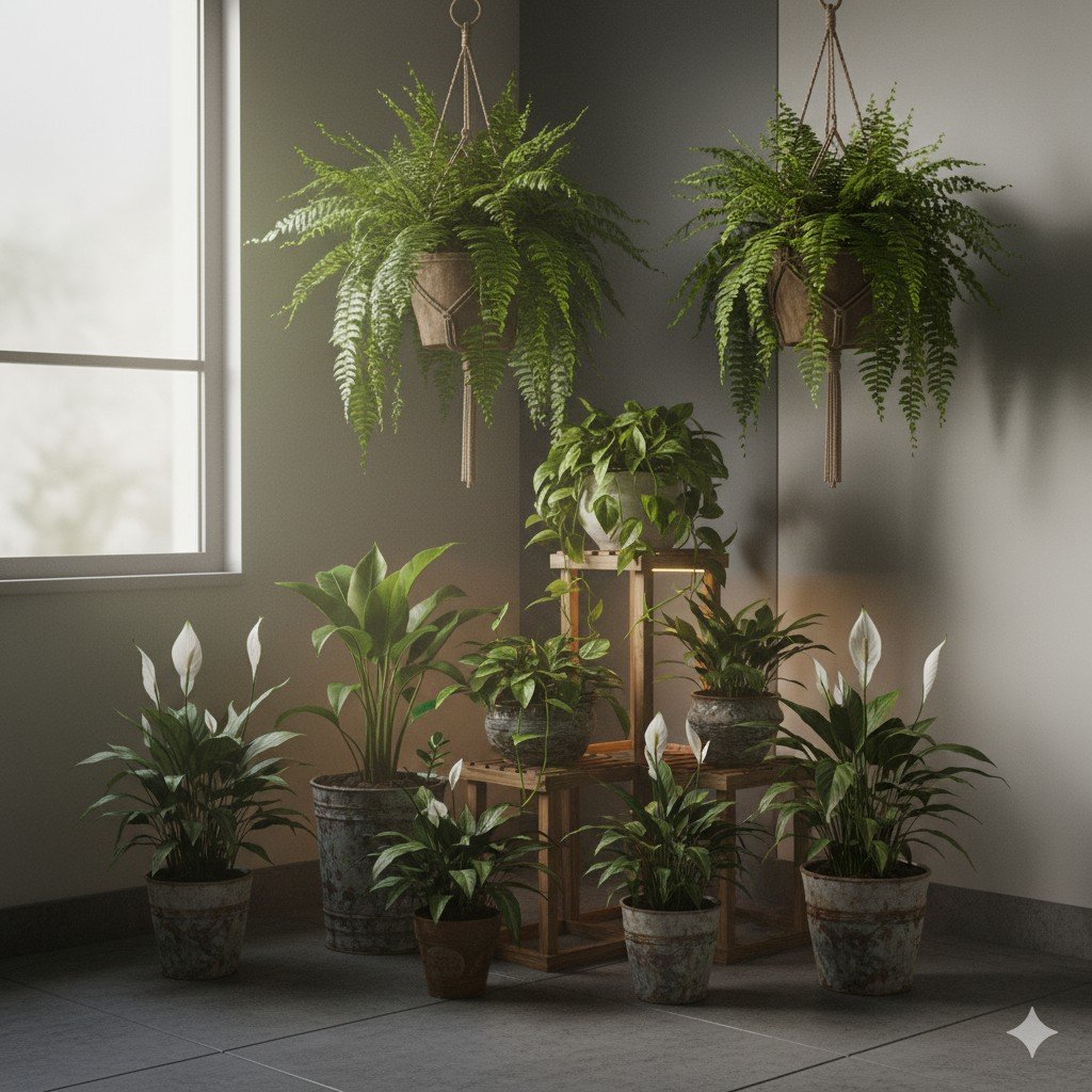 Composição de samambaias, jiboias e lírio-da-paz em canto sombreado.