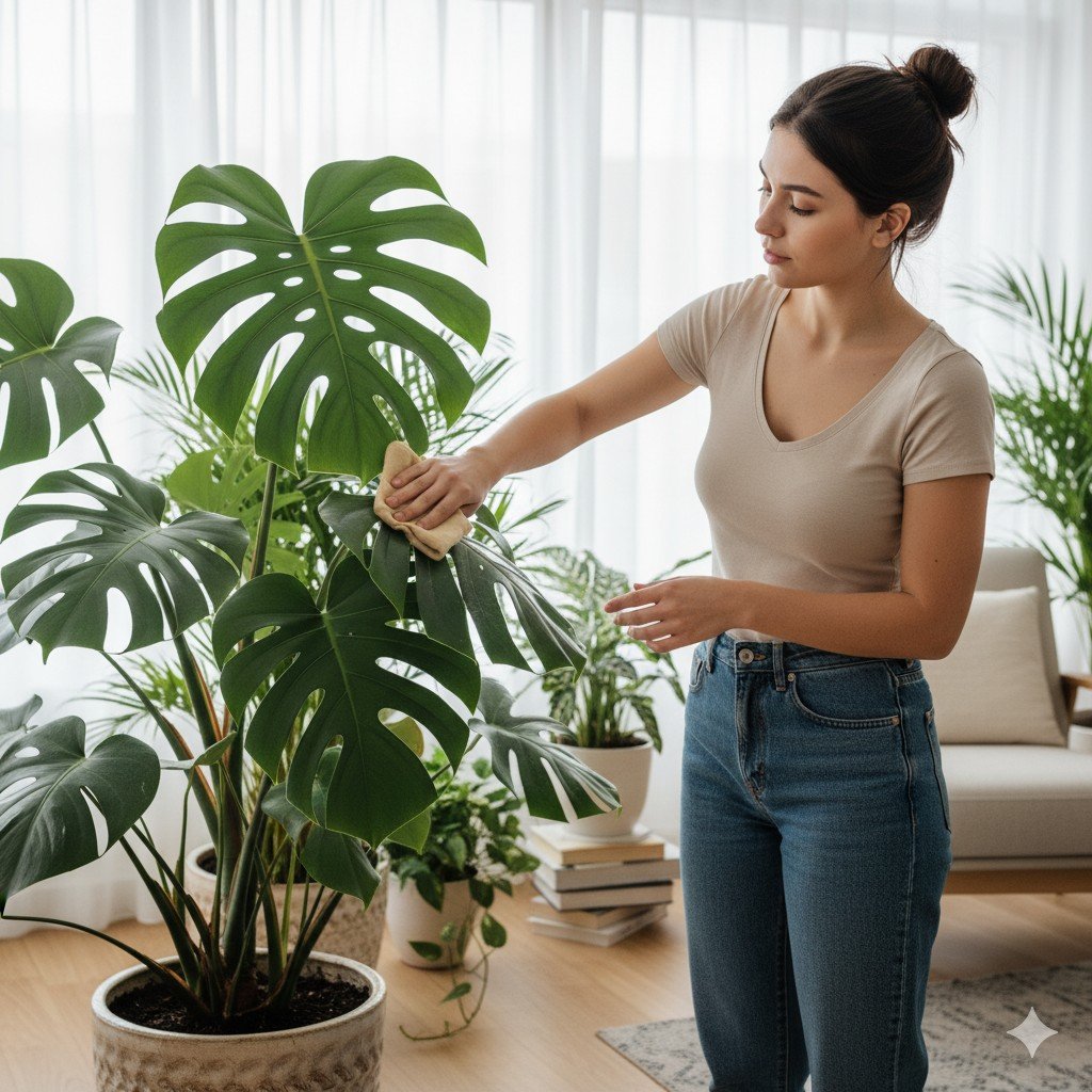 Pessoa limpando folhas largas de costela-de-adão em casa.