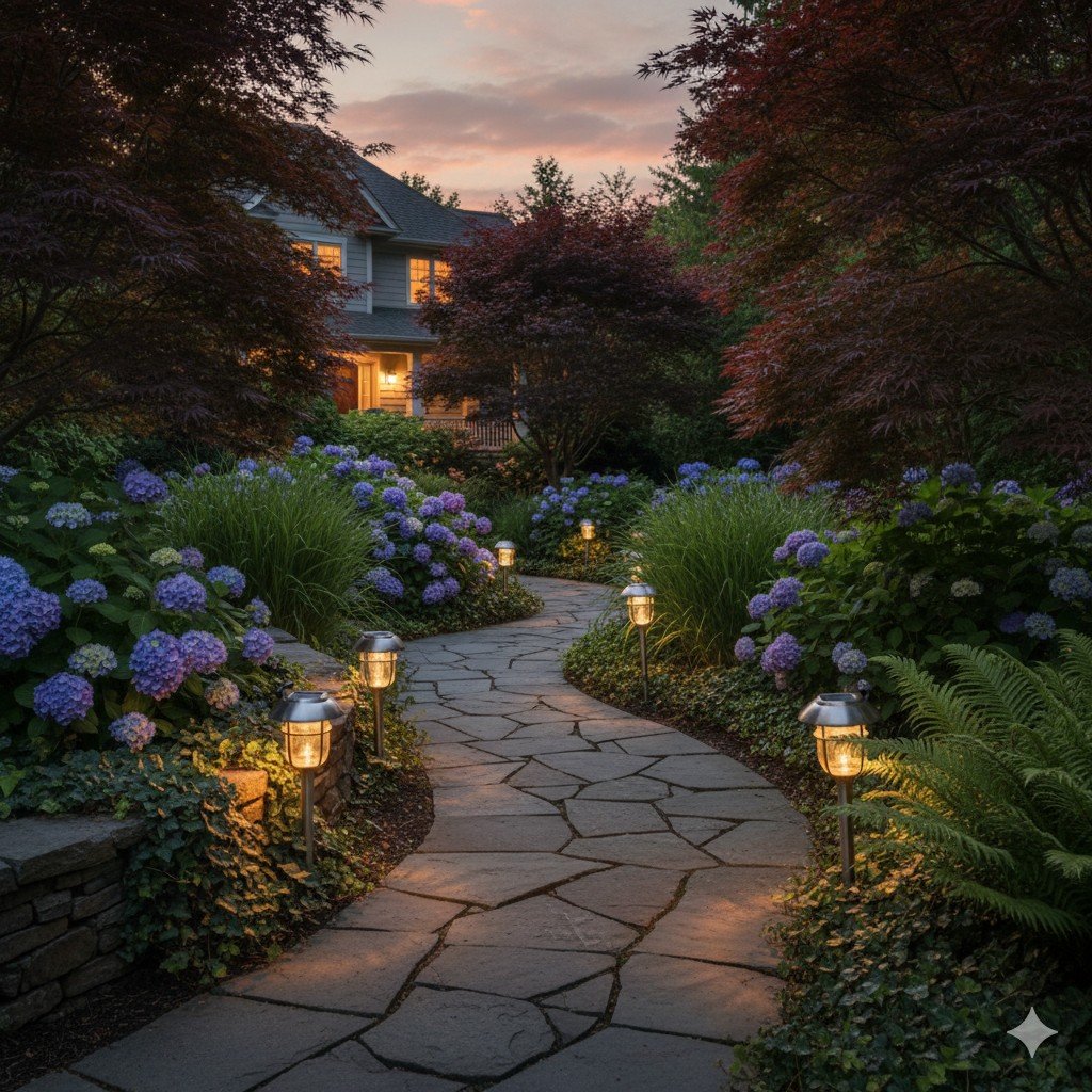 Caminho de pedras e luminárias solares em jardim residencial. Jardim