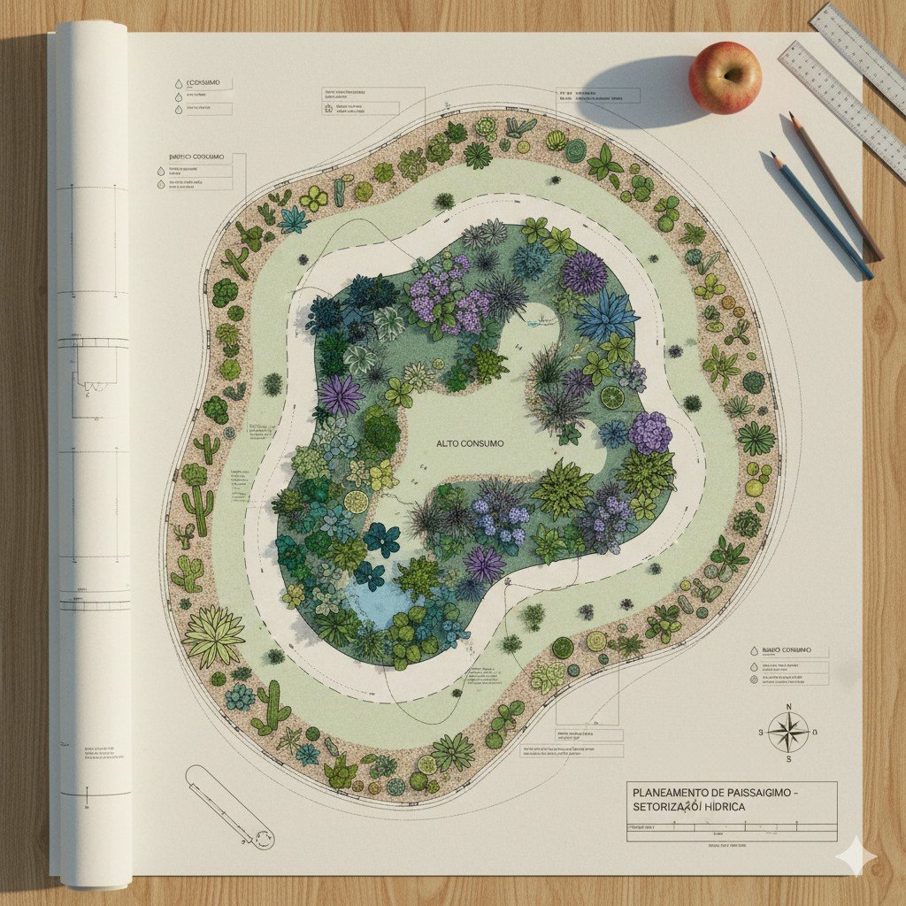 Planejamento de paisagismo com setorização de plantas por consumo de água. Jardim