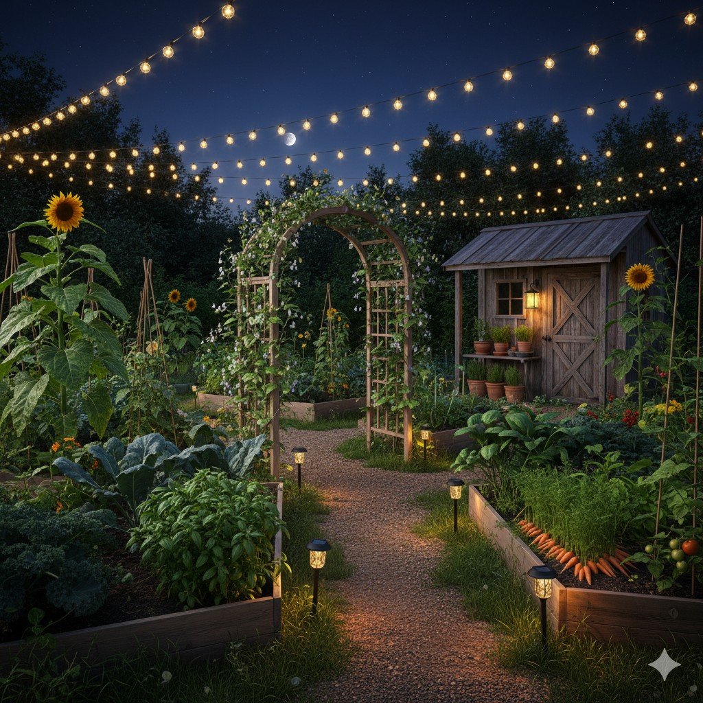 Jardim com horta orgânica e iluminação noturna solar. Jardim