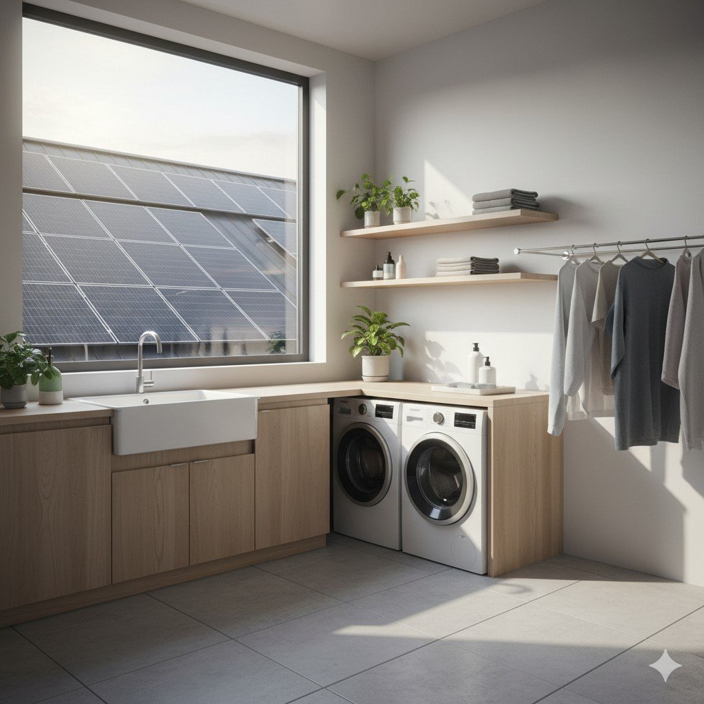 Lavanderia com entrada de luz solar e painel fotovoltaico no telhado.