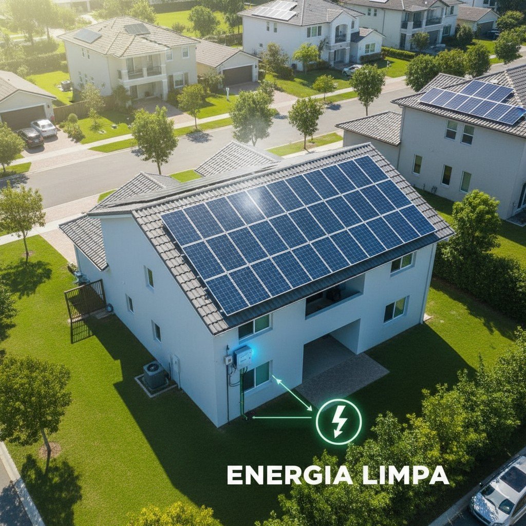 Painéis solares vistos de cima gerando energia limpa em residência. Energia Solar