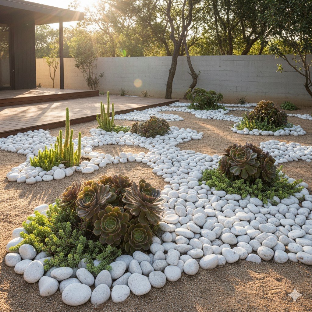 Foto realista de jardim minimalista com pedras brancas, suculentas e iluminação solar. pedras no paisagismo sustentável