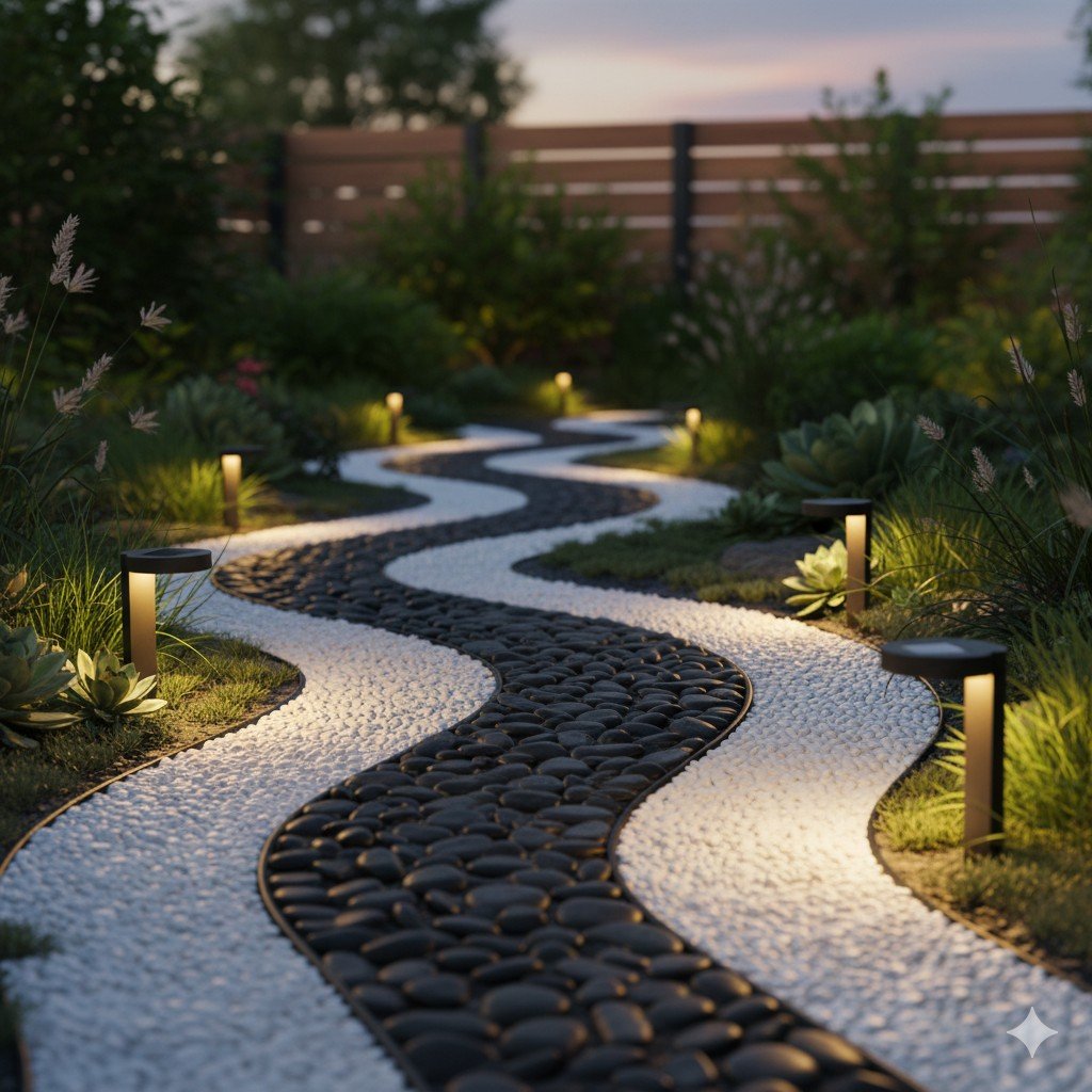 Foto realista de caminho de jardim feito com pedras pretas e brancas, iluminado por lâmpadas solares.