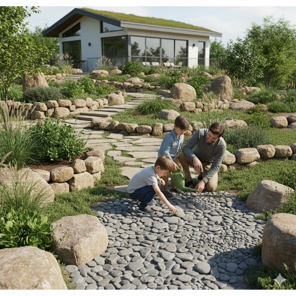 Foto realista de pequeno jardim com pedras brancas, cactos e lavanda em contraste.