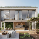 Casa sustentável moderna com iluminação natural abundante, plantas decorativas e móveis de madeira certificada.