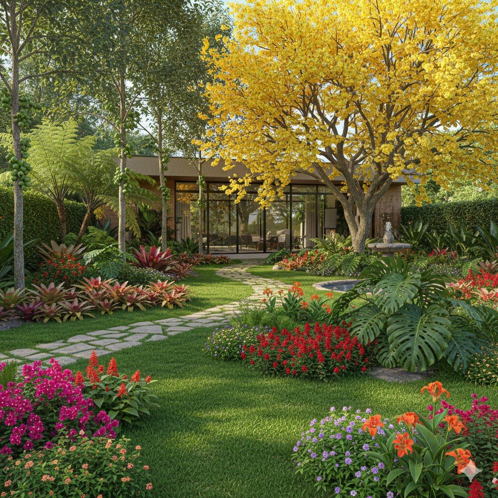 Jardim residencial sustentável com árvores e plantas nativas brasileiras floridas Foto realista de jardim residencial com árvores e plantas nativas brasileiras, gramado verde e flores coloridas.