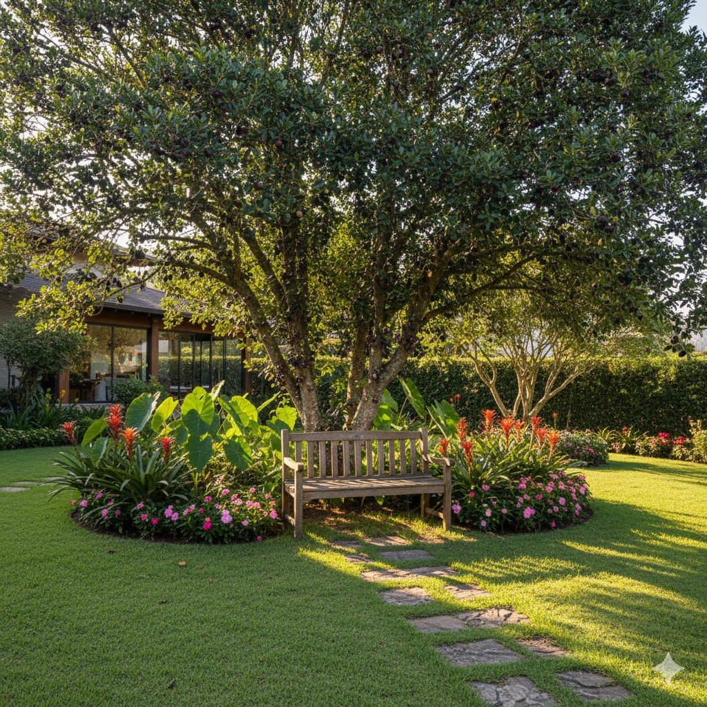 Jardim doméstico sustentável com banco de madeira reaproveitada sob sombra de árvore nativa Foto realista de jardim doméstico com banco de madeira sob sombra de árvore nativa.