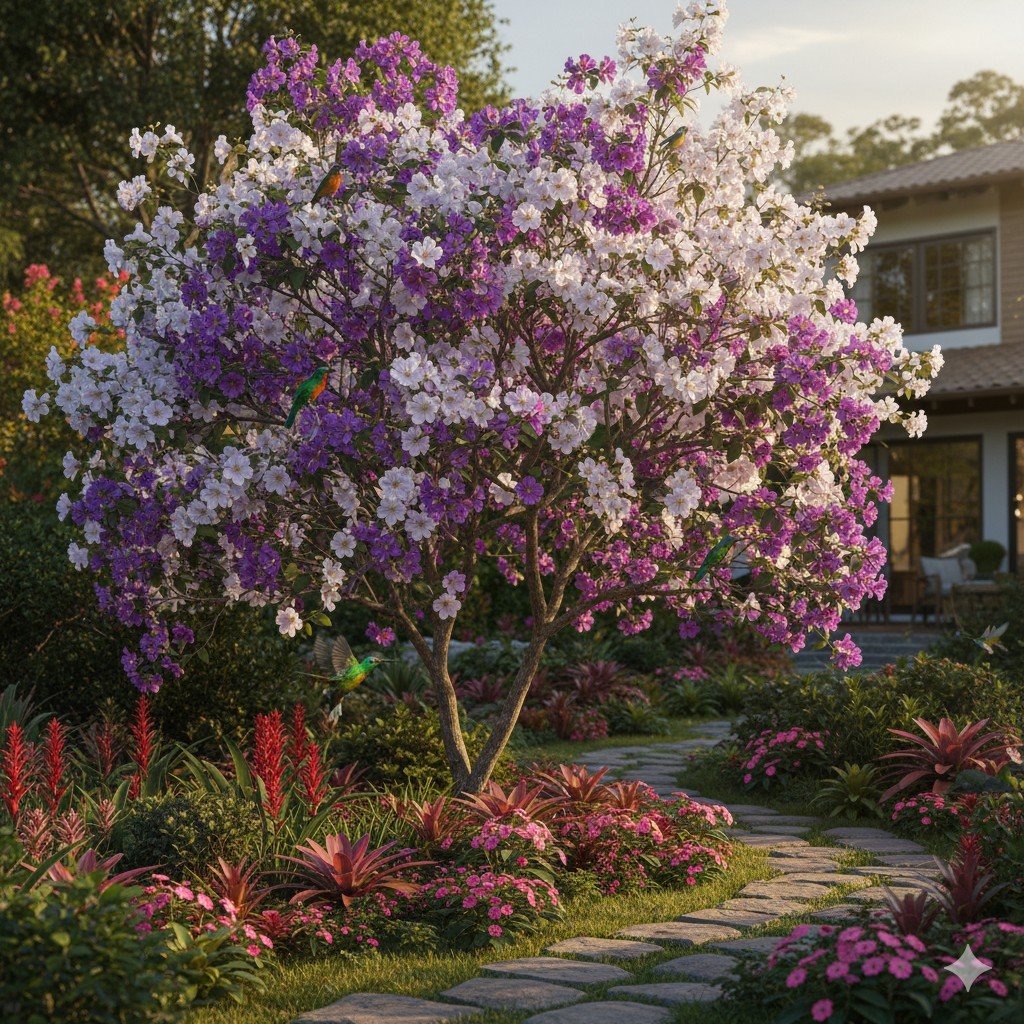Jardim com manacá-da-serra florido e pássaros nativos, exemplo de biodiversidade em plantas nativas Foto realista de jardim florido com manacá-da-serra e passarinhos locais.