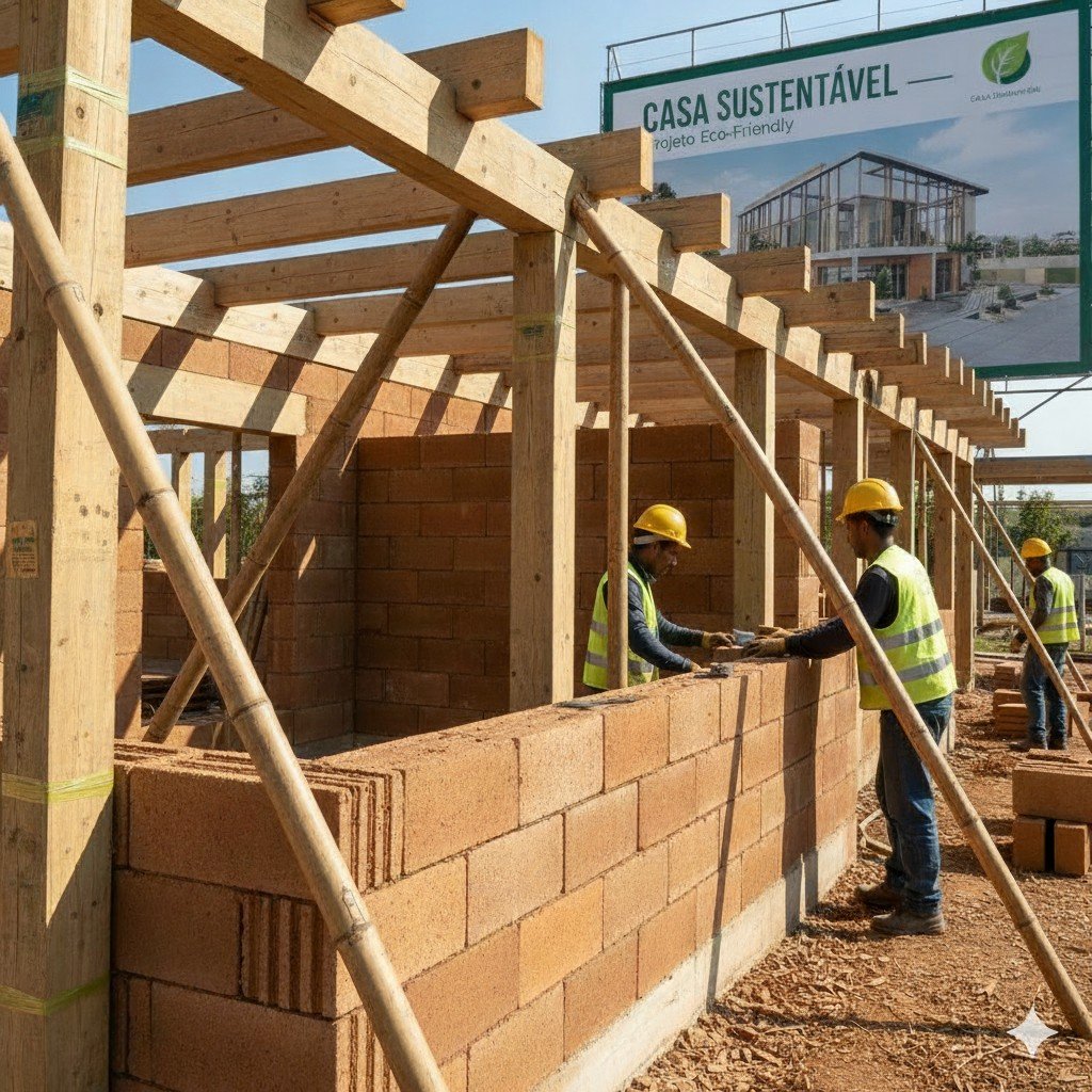 Obra de casa sustentável com tijolos ecológicos, bambu e madeira certificada FSC Foto realista de obra sustentável com tijolos ecológicos, bambu e madeira certificada sendo usados em uma casa moderna. materiais de construção