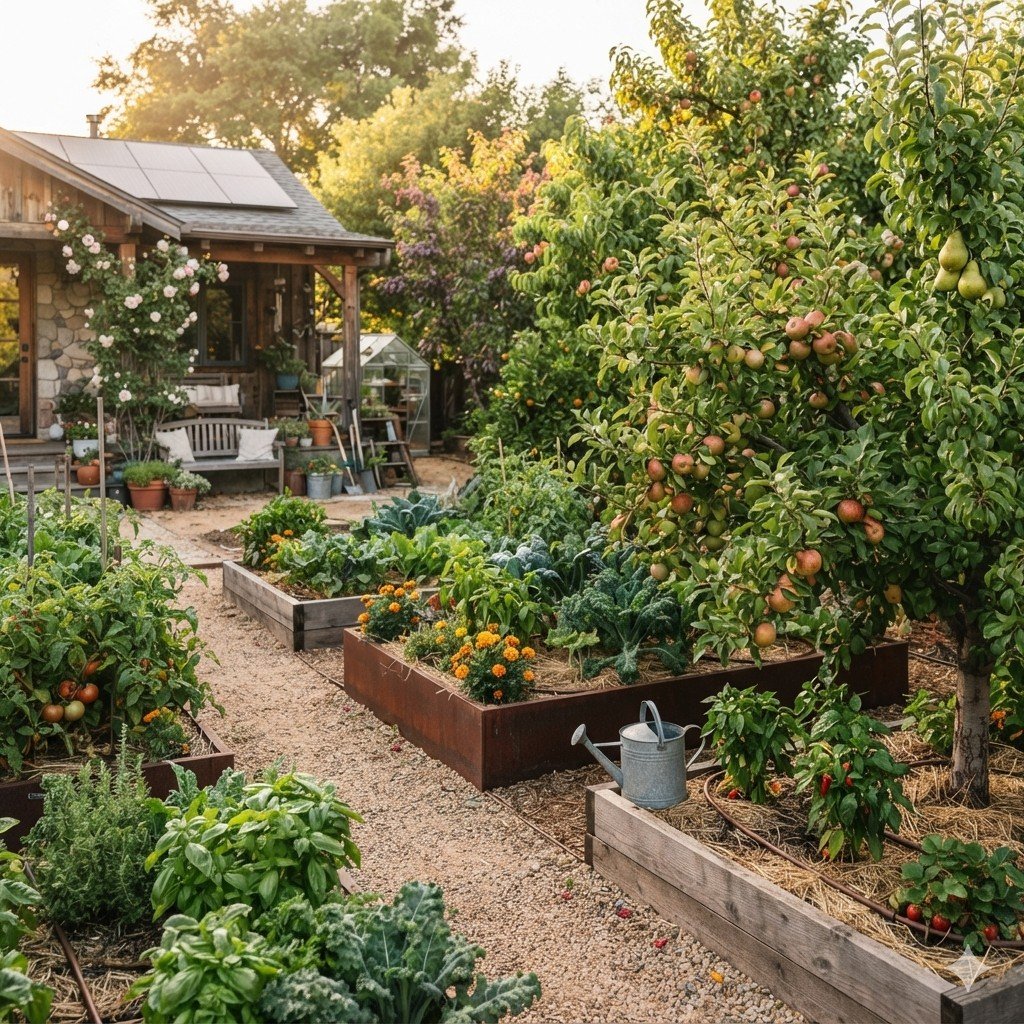 Foto realista de pomar sustentável em quintal com árvores frutíferas e horta orgânica integrada.